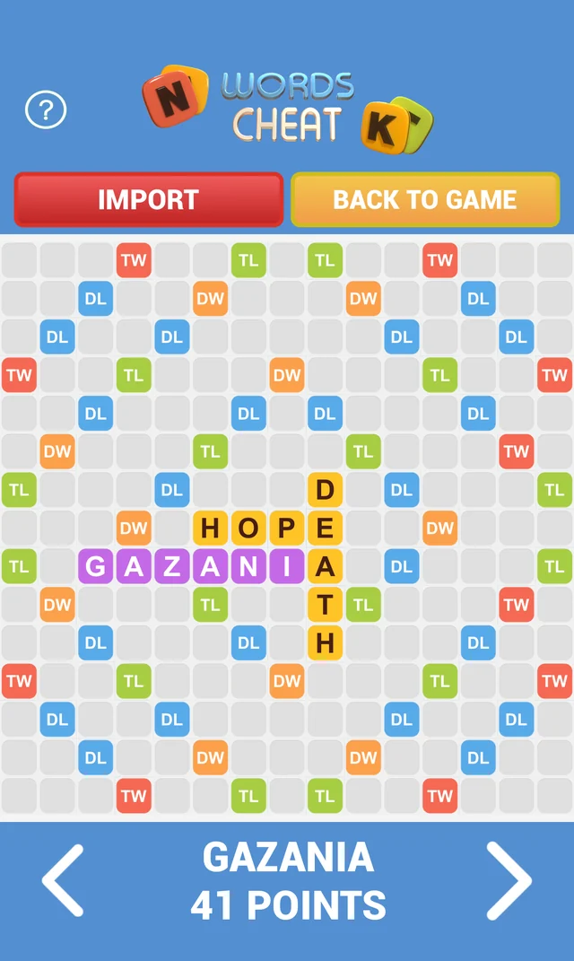 The app showing GAZANIA played across the board for 41 points